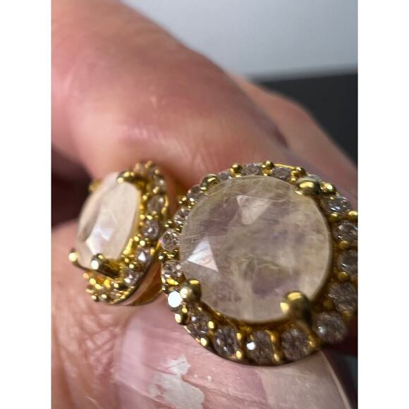 Rainbow moonstone halo stud gold over silver earrings - Picture 10 of 11